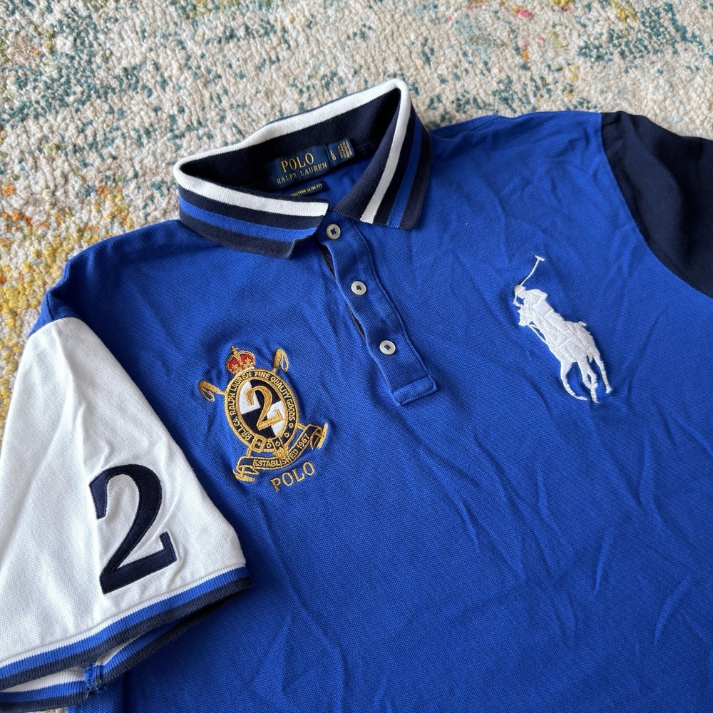 Polo Ralph Lauren Big Pony Crest Custom Slim Fit Polo Shirt Blue Large